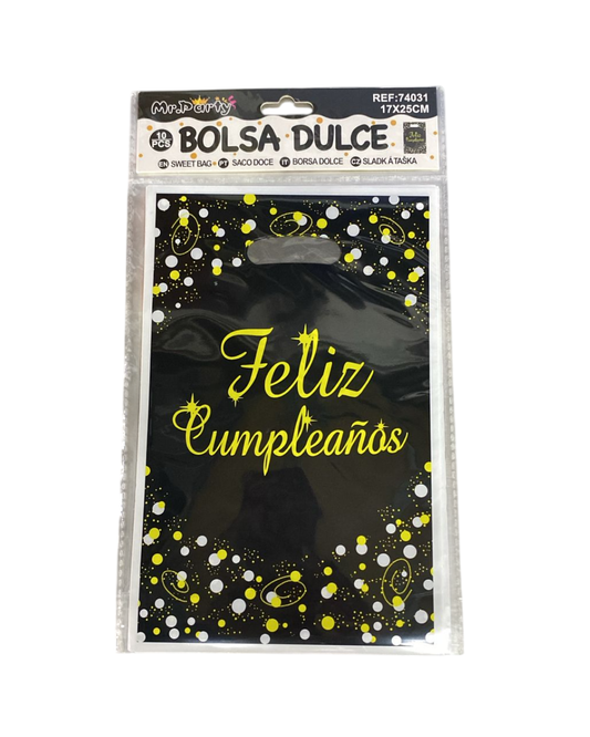 BOLSA DE DULCE NEGRA CON DORADO "FELIZ CUMPLEAÑOS" X 10UN.