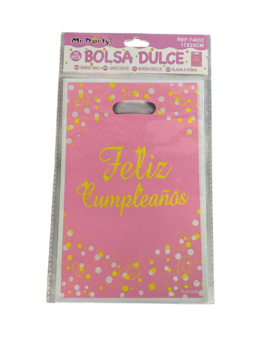 BOLSA DE DULCE ROSADO CON DORADO "FELIZ CUMPLEAÑOS" X 10UN.